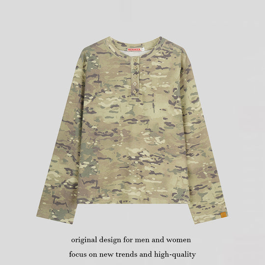 Damen Langarm-Henleyshirt im Waffelstrick mit Militär-Camouflage-Print und Knopfleiste Nord Taschen
