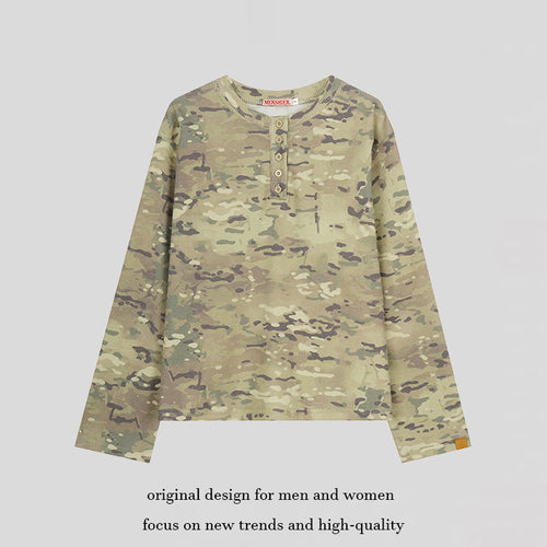 Damen Langarm-Henleyshirt im Waffelstrick mit Militär-Camouflage-Print und Knopfleiste Nord Taschen
