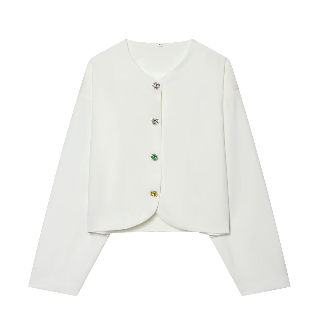 Damen Kurzblazer ohne Kragen mit Schmuckknöpfen und kurzem Cropped‑Schnitt Nord Taschen