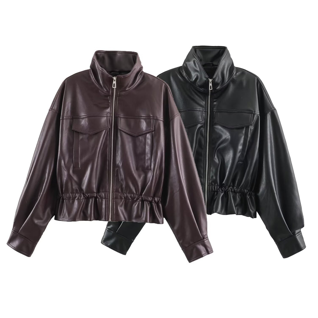 Damen Kurzer Oversize Kunstleder-Bomber mit Stehkragen, Pattentaschen und Kordelzug Nord Taschen