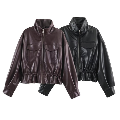 Damen Kurzer Oversize Kunstleder-Bomber mit Stehkragen, Pattentaschen und Kordelzug Nord Taschen