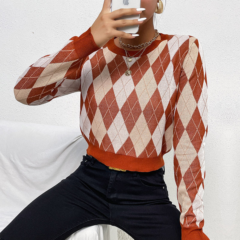 Damen Cropped Strickpullover mit Argyle-Rautenmuster und tailliertem Rippbund Nord Taschen