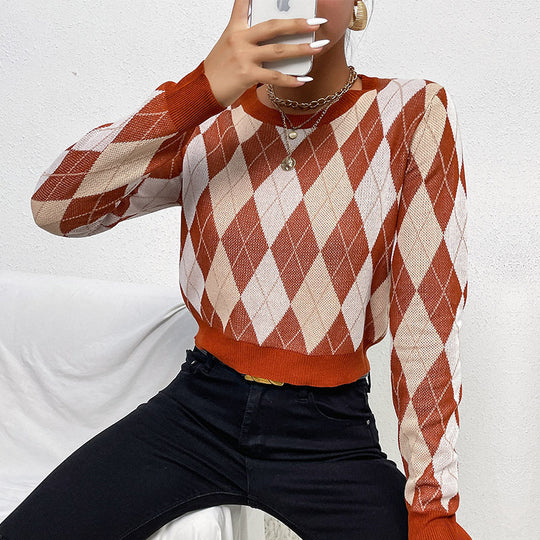 Damen Cropped Strickpullover mit Argyle-Rautenmuster und tailliertem Rippbund Nord Taschen