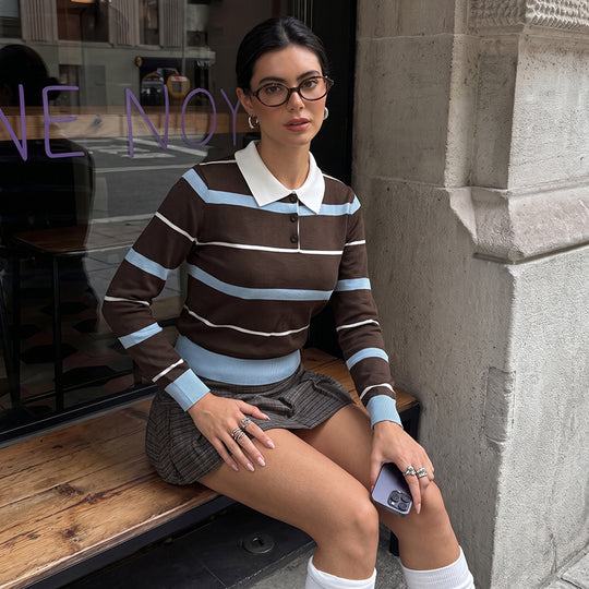 Damen Slim-Fit Polo-Strickpullover mit Retro-Streifen und kontrastierendem Hemdkragen Nord Taschen