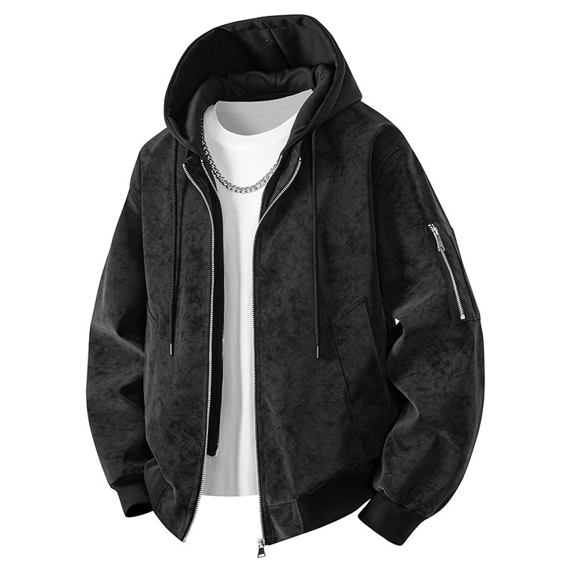 Herren Velours-Imitat Übergangsjacke im Bomberstil mit Stehkragen, Druckknopfleiste & elastischen Bündchen Nord Taschen