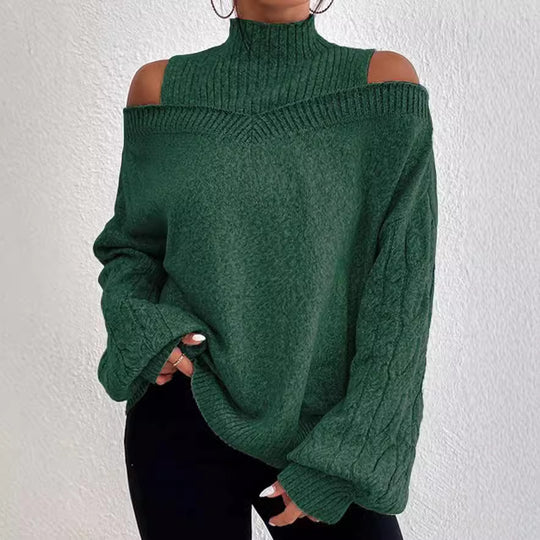 Damen Schulterfreier Oversize-Strickpullover mit Stehkragen Drune