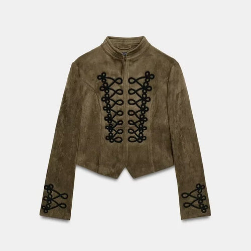Damen Kurze Velourslederjacke im Military‑Look mit Stehkragen und dekorativen Kordelapplikationen Nord Taschen