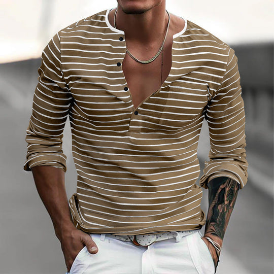Herren nan gestreiftes Langarmshirt mit kurzer Knopfleiste, Rundhalsausschnitt und dezenter Brusttasche