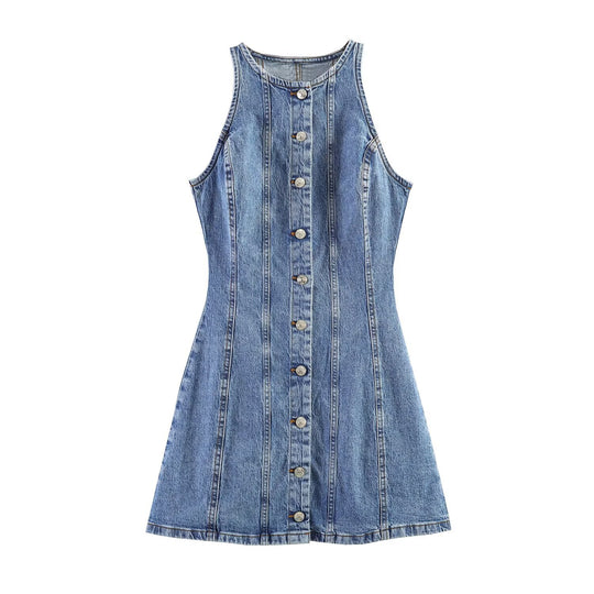Damen Ärmelloses Jeanskleid mit figurbetonter Teilungsnaht, A‑Linie und durchgehender Knopfleiste Nord Taschen