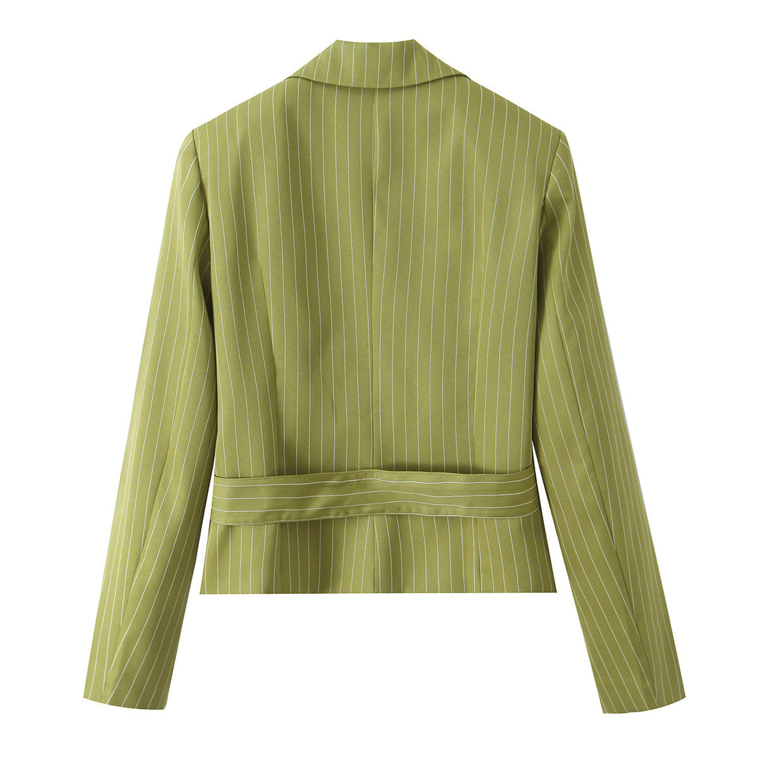 Damen Taillierter Cropped-Blazer mit Nadelstreifen, breitem Bindegürtel und tiefem Revers Nord Taschen