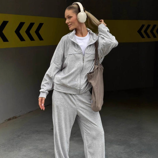 Damen moderne Velours-Zweiteiler mit kurzem Stehkragen-Zip und fließender hochgeschnittener Palazzohose Nord Taschen