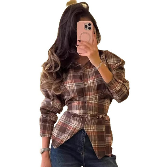 Damen Karo-Bluse mit Puffärmeln und taillierendem Bindegürtel Nord Taschen