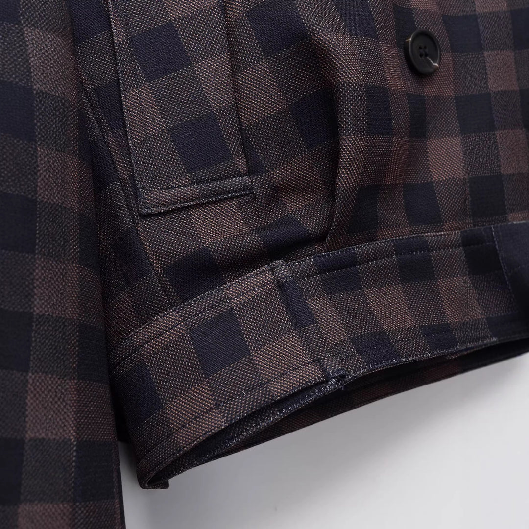Damen Kurze Doppelreiher-Jacke im Karo-Design mit Reverskragen und Taillenbund Nord Taschen