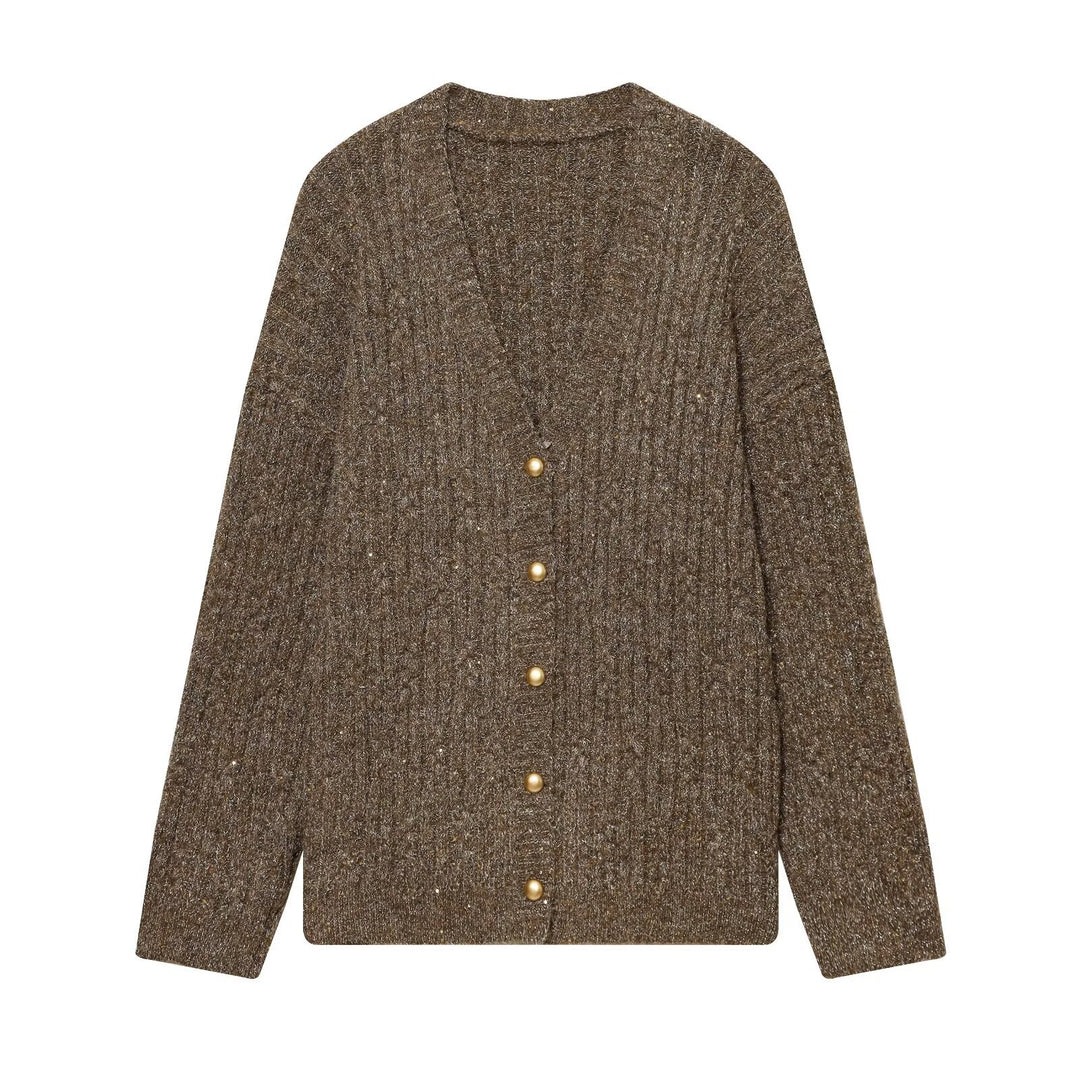 Damen Grobgestrickter V‑Neck Cardigan mit Perlmuttknöpfen und melierter Tweedoptik Nord Taschen