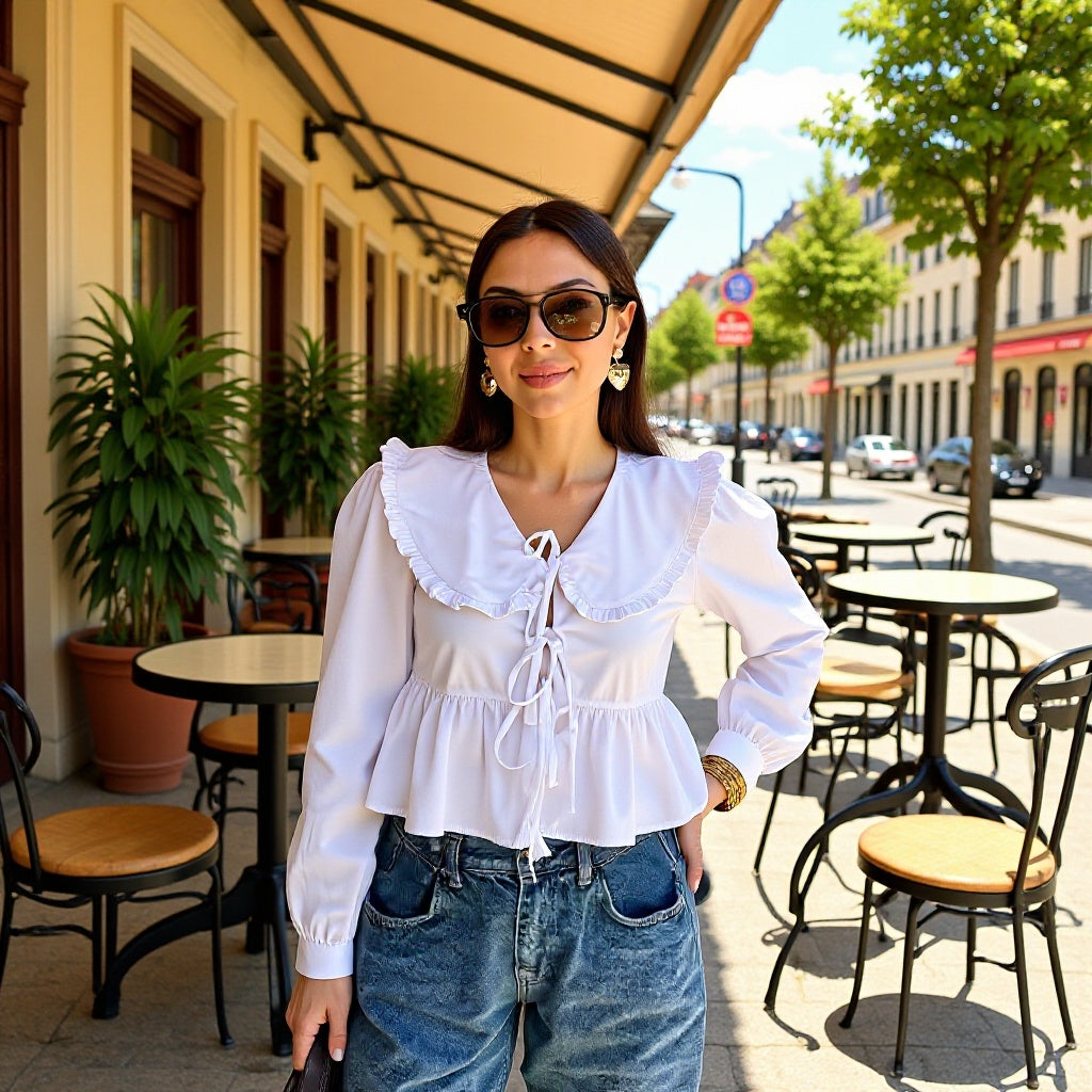 Damen Rüschige Cropped-Bluse mit übergroßem Kragen, Bindebändern und tailliertem Peplum Nord Taschen