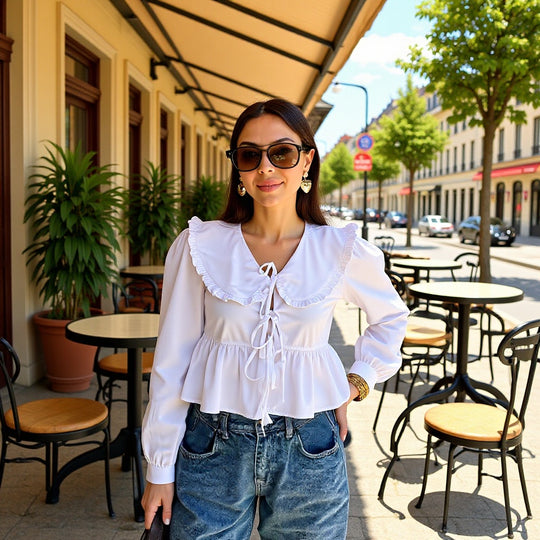 Damen Rüschige Cropped-Bluse mit übergroßem Kragen, Bindebändern und tailliertem Peplum Nord Taschen