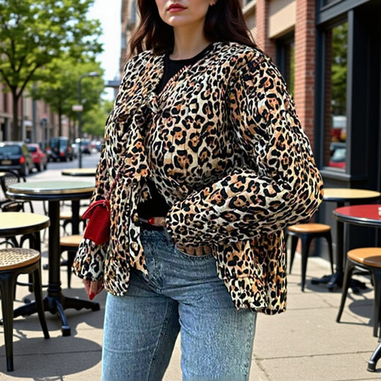 Damen Leichte Blousonjacke im Leopardenprint mit Bindebändern und aufgesetzten Taschen Nord Taschen