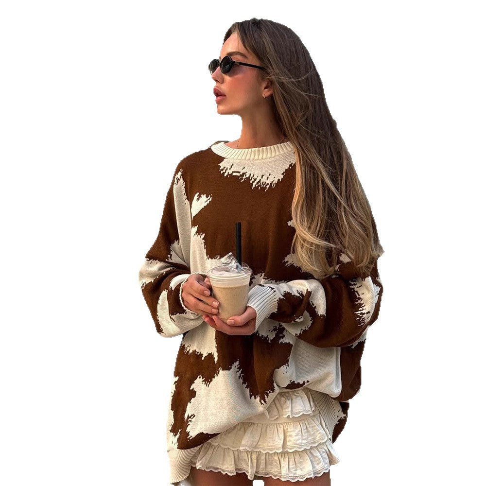 Damen Oversized Strickpullover mit abstraktem Fleckenmuster und Rippbündchen Nord Taschen