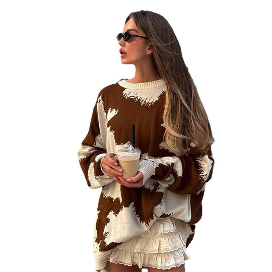 Damen Oversized Strickpullover mit abstraktem Fleckenmuster und Rippbündchen Nord Taschen