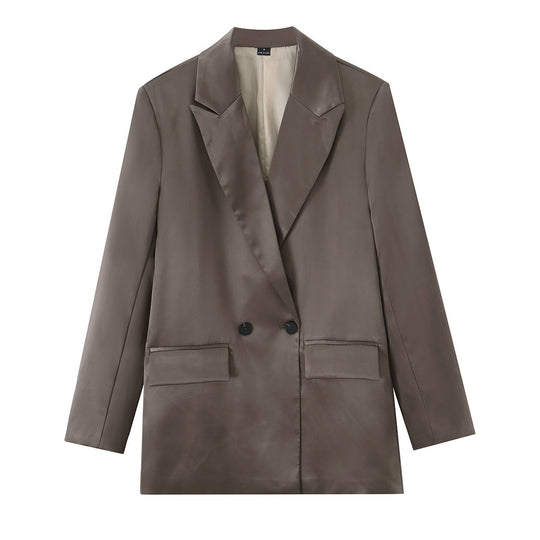 Damen Satin-Longblazer mit doppelreihiger Knopfleiste, Schalkragen und Pattentaschen Nord Taschen