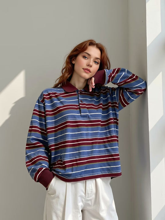Damen Gestreiftes Poloshirt‑Sweatshirt aus Baumwollmix mit Kontrastkragen und gerippten Bündchen Nord Taschen