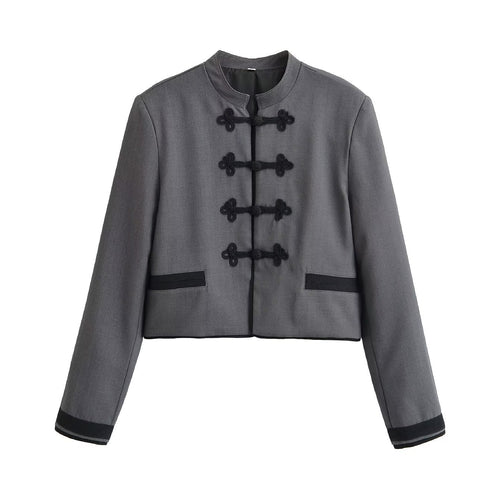 Damen Kurze Jacke mit Stehkragen, dekorativen Froschverschlüssen und boxy Schnitt Nord Taschen