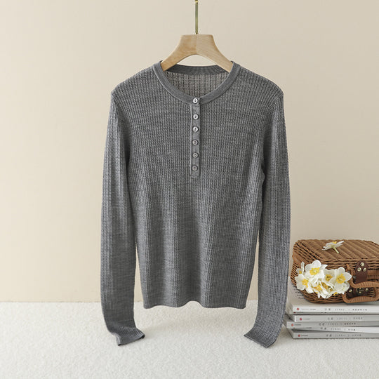 Damen Gerippter Henley-Feinstrickpullover mit schmaler Silhouette Nord Taschen
