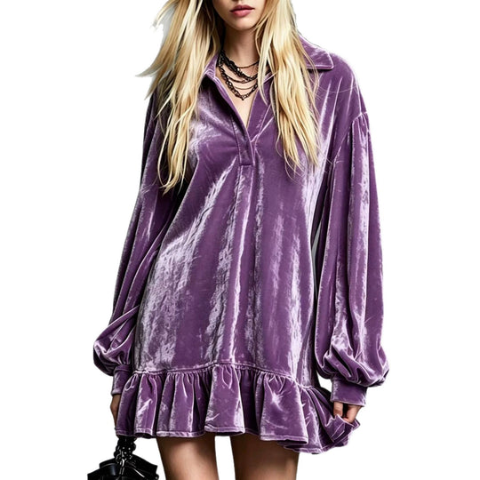 Damen Samt-Minikleid mit Volant-Saum, Ballonärmeln und Hemdkragen Nord Taschen