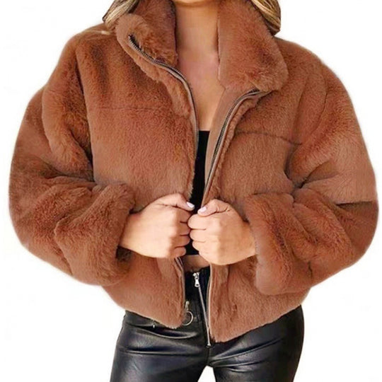 Damen Kurz geschnittene Kuschel-Fleece-Steppjacke mit Stehkragen und Reißverschluss Nord Taschen