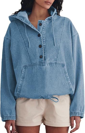 Damen Jeans-Halbanorak mit Kapuze, Kängurutasche und Tunnelzug Nord Taschen