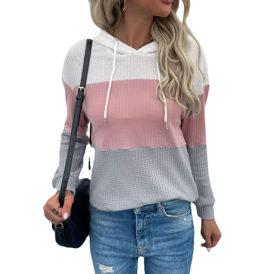 Damen Lässiger Strick-Hoodie mit Colorblock, Kordelzug und feinem Waffelmuster Nord Taschen