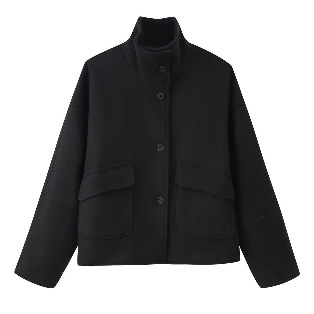 Damen Kastige Kurzjacke aus Wollmix mit Stehkragen und aufgesetzten Pattentaschen Nord Taschen