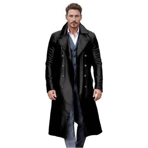 Herren Langer glänzender Kunstleder-Trenchcoat mit Doppelreiher und markantem Revers Nord Taschen