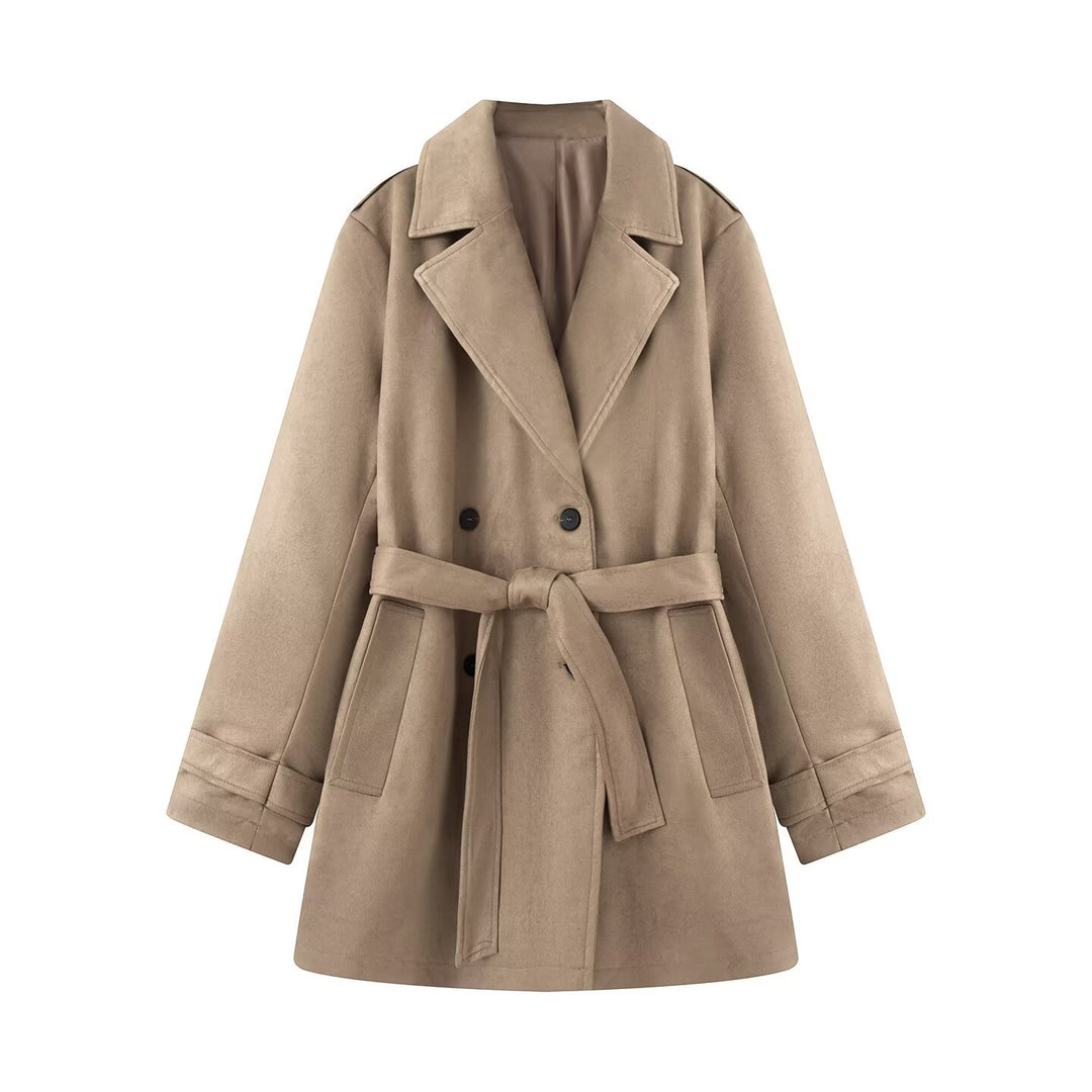 Damen Taillierter Wildlederoptik-Trenchcoat mit Bindegürtel und doppelreihiger Knopfleiste Nord Taschen