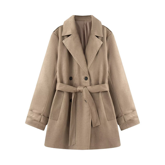 Damen Taillierter Wildlederoptik-Trenchcoat mit Bindegürtel und doppelreihiger Knopfleiste Nord Taschen