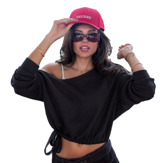 Damen schulterfreies Sweatshirt mit Knotengürtel und Oversize-Schnitt Nord Taschen