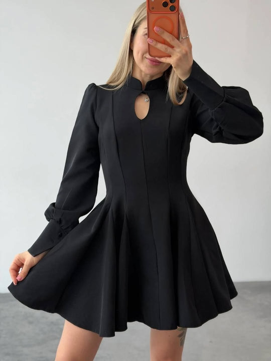 Damen A-Linien Minikleid mit Stehkragen, Schlitzdetail und Ballonärmeln Nord Taschen