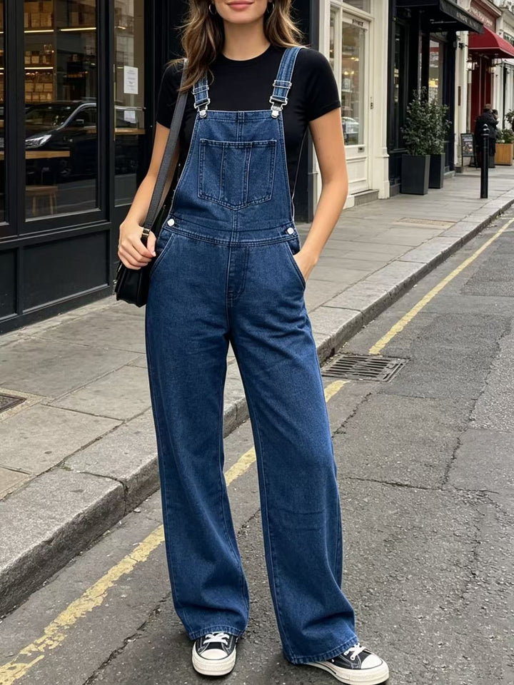Damen weite Denim-Latzhose mit hoher Taille, verstellbaren Trägern und lässigem Schlag Nord Taschen