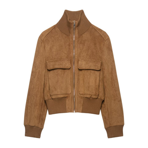 Damen Kurze Wildlederoptik-Bomberjacke mit Stehkragen, Klappentaschen und Rippbündchen Nord Taschen