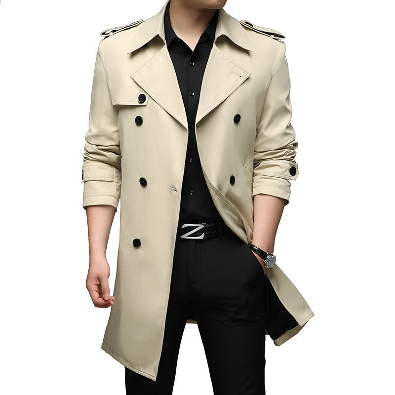 Herren Langer Slim-Fit Doppelreihiger Trenchcoat mit Epauletten und Taillengürtel Nord Taschen