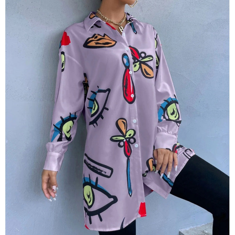 Damen Oversized Longbluse mit Pop‑Art‑Print, Hemdkragen und durchgehender Knopfleiste Nord Taschen