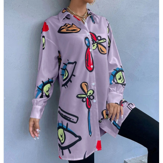 Damen Oversized Longbluse mit Pop‑Art‑Print, Hemdkragen und durchgehender Knopfleiste Nord Taschen