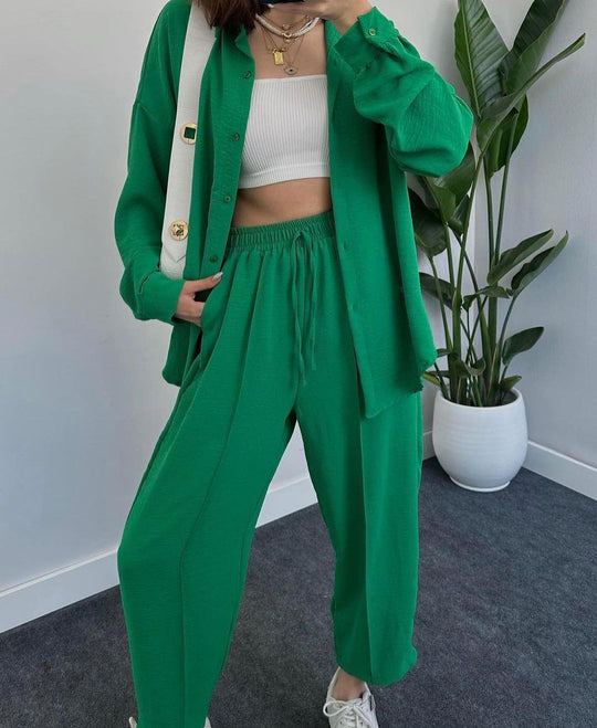 Damen Lässiges zweiteiliges Lounge-Set aus Crêpe mit Oversize-Hemd und hohem Elastikbund Nord Taschen