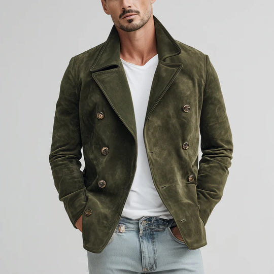 Herren Doppelreihige Velourslederjacke im Kurzmantel-Blouson mit markantem Revers Nord Taschen