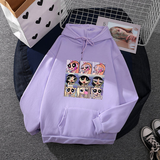Damen nan lässiger Kapuzenpullover mit quadratischem Cartoon-Collageprint weiches Fleece Innenfutter und aufgesetzter Kängurutasche Nord Taschen