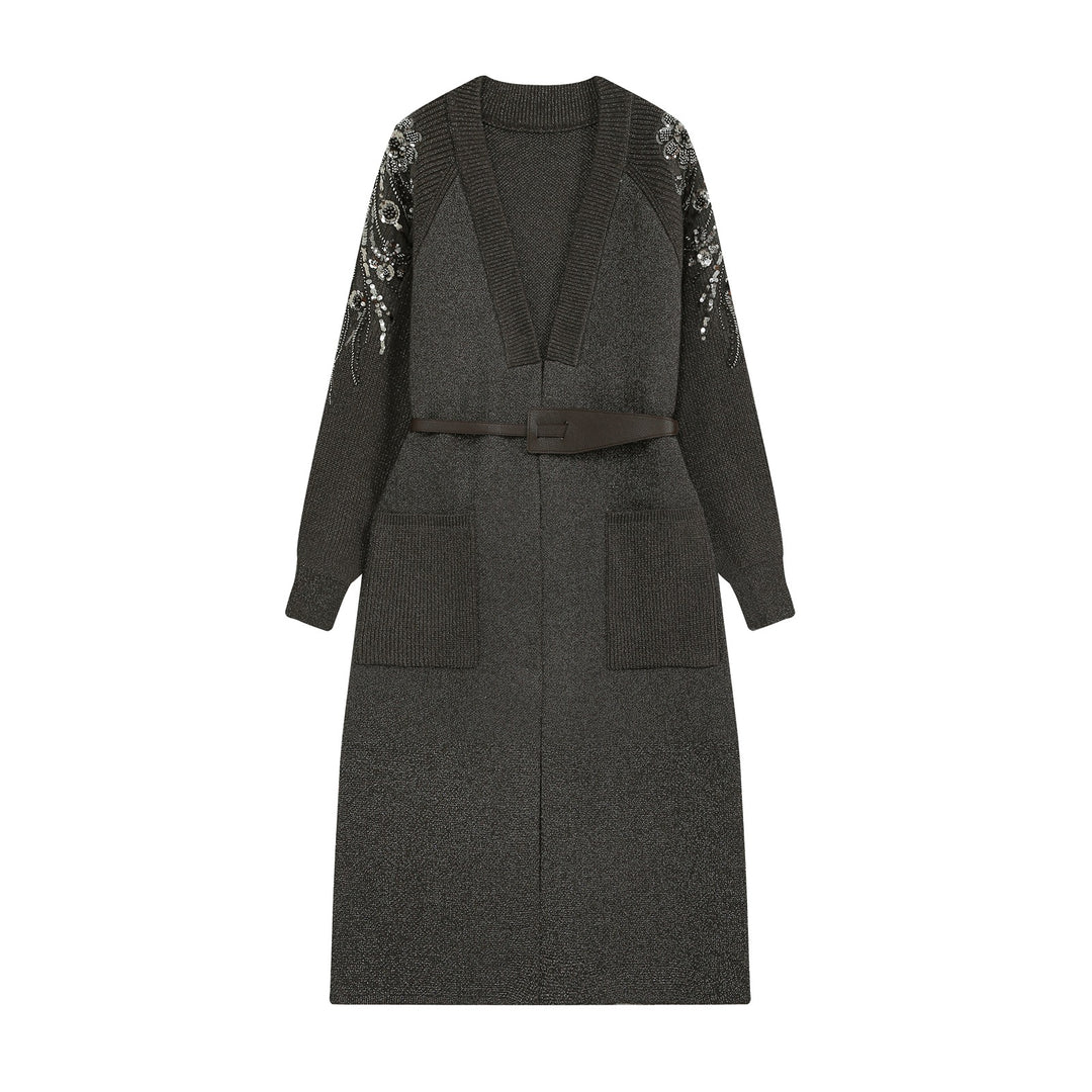Damen Lange Strickjacke mit Gürtel, tiefem V‑Ausschnitt und bestickten Paillettenärmeln Nord Taschen