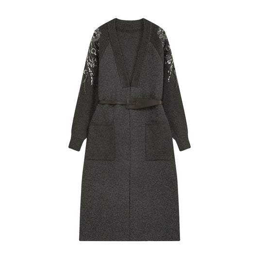 Damen Lange Strickjacke mit Gürtel, tiefem V‑Ausschnitt und bestickten Paillettenärmeln Nord Taschen