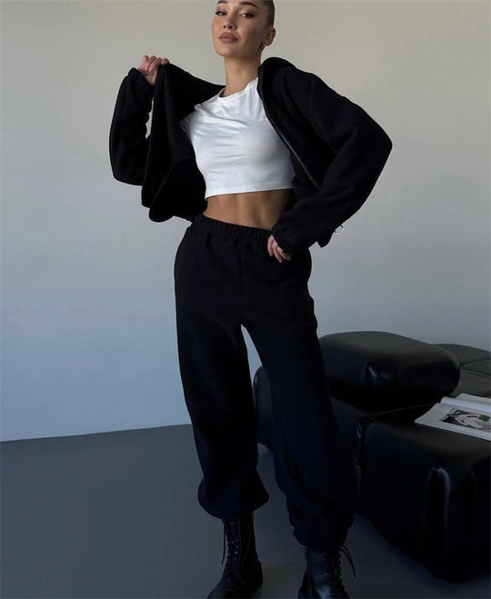 Damen kuscheliges Fleece-Hoodie und Jogginghose Lounge-Set mit Reißverschluss Kapuze elastischem Bund Nord Taschen