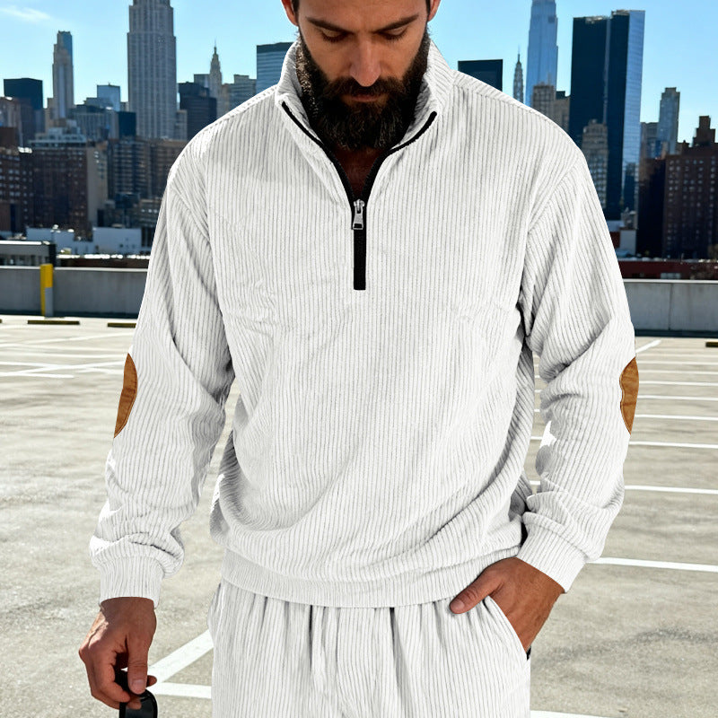 Herren Cord-Struktur-Halbzip-Pullover im Relaxed-Fit mit Stehkragen und Ellbogen-Patch Nord Taschen