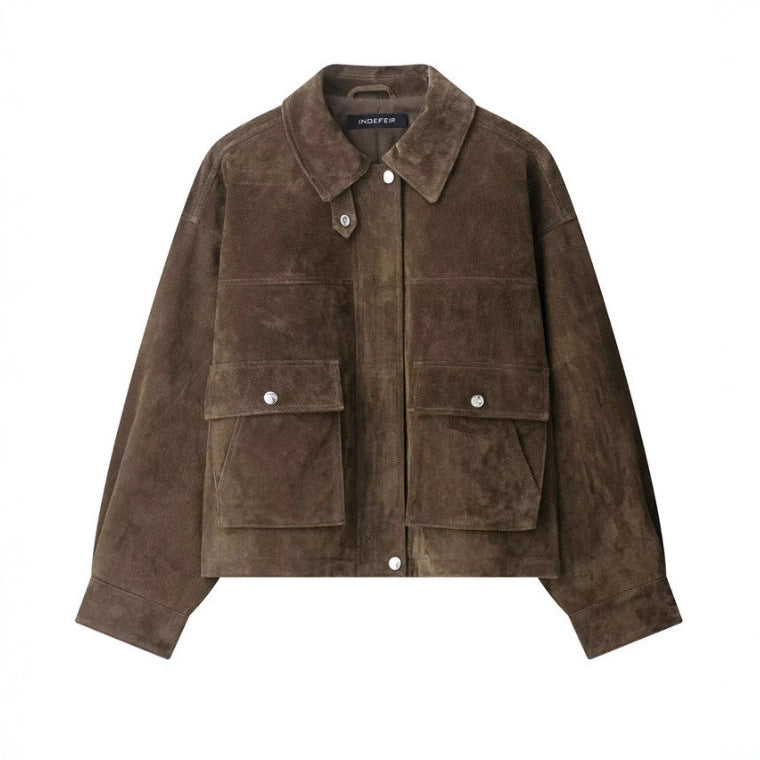 Damen 100+ kurze Veloursleder‑Blousonjacke mit Pattentaschen und Druckknopfverschluss Nord Taschen